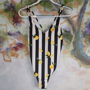 No Boundaries Black and White Striped One Piece with Lemon Print